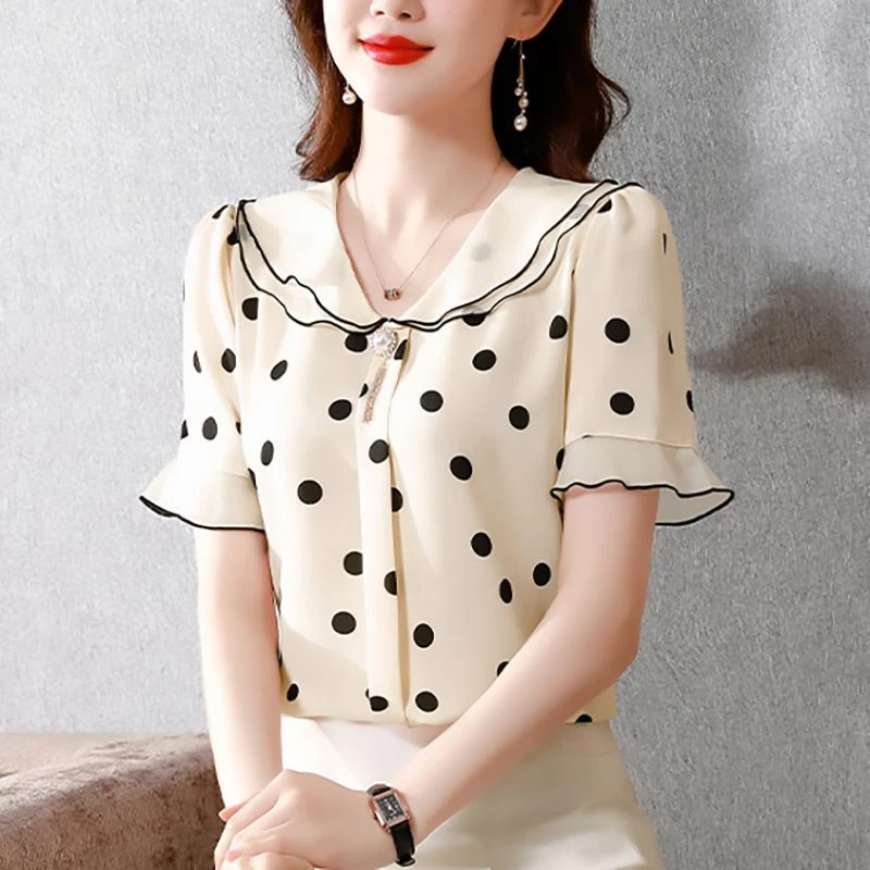 气质新款波点短袖衬衫遮肚洋气夏季衫女减龄显瘦时尚子上衣