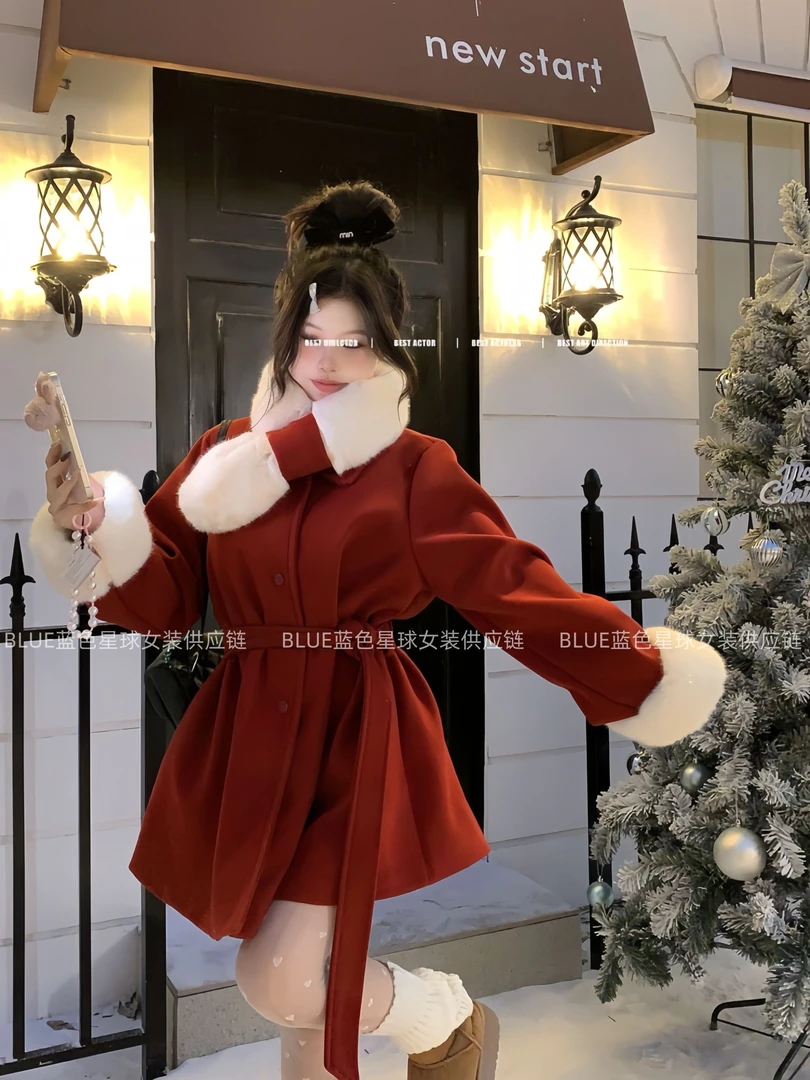 新年战袍外套2025新款氛围感冬季毛呢外套女收腰显瘦呢子大衣爆款