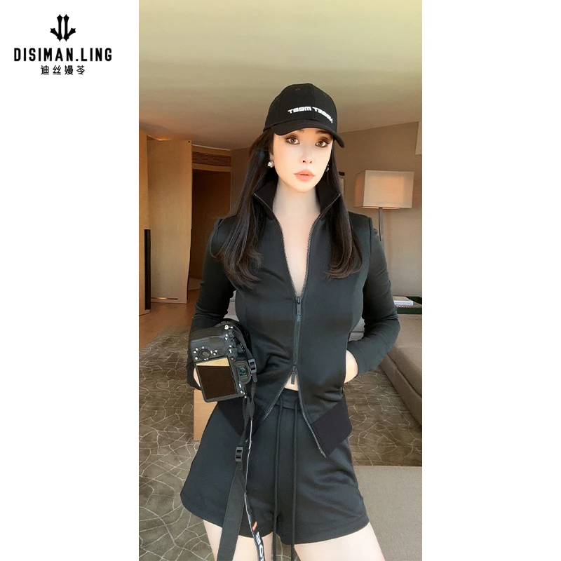 【迪丝嫚苓】黑色棉套装时尚休闲女士修身立领长袖秋冬季小众优雅感