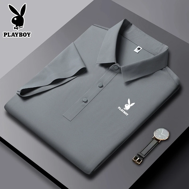 花花公子夏季冰丝无痕POLO衫男翻领短袖T恤上衣商务休闲纯色透气