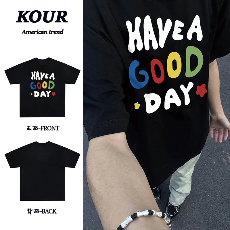 美式高街复古卡通英文印花上衣重磅纯棉宽松百搭夏季短袖T恤ins