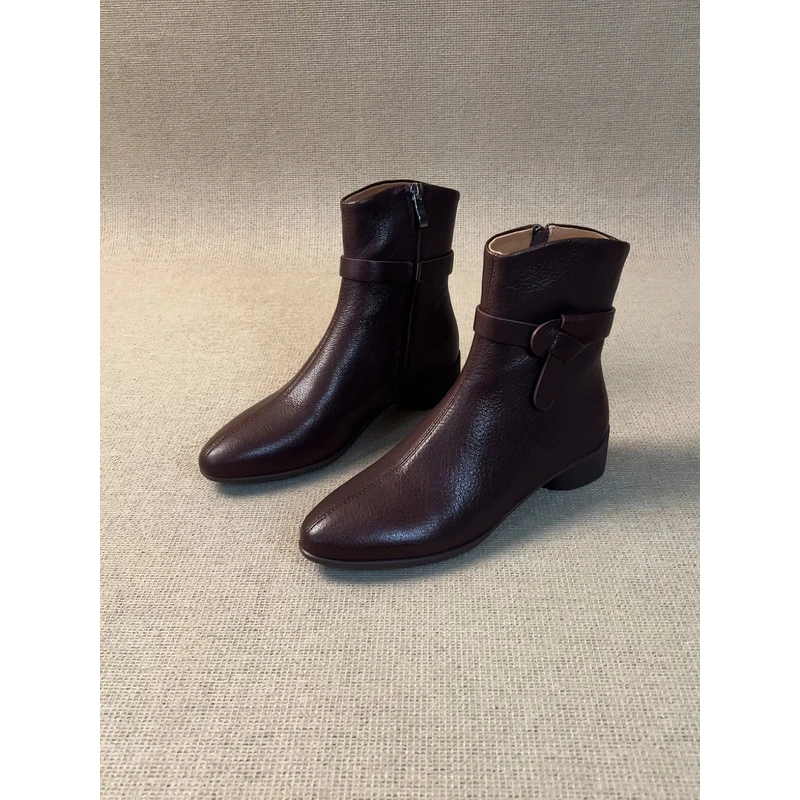 nnmiss·34-39/3cm舒适百搭复古风羊皮圆头侧拉链皮带扣粗跟小短靴