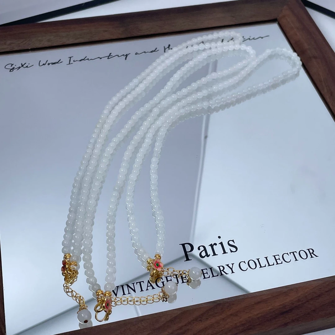 浮笙梦S925银羊脂白和田玉4mm白玉小米珠项链【多样性发货发其一】