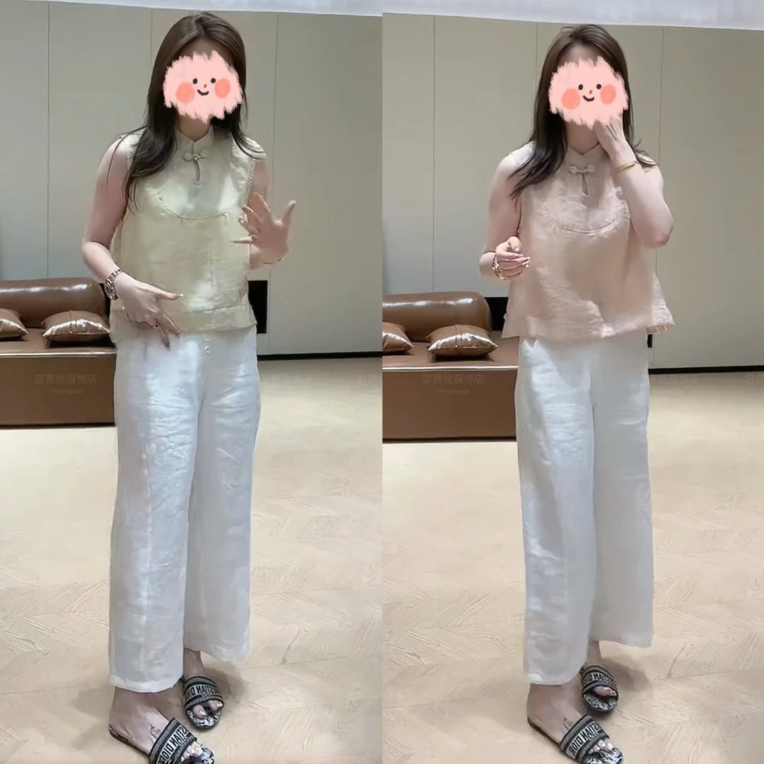 夏季新款国风新中式复古宽松盘扣无袖上衣设计感百搭阔腿裤套装女