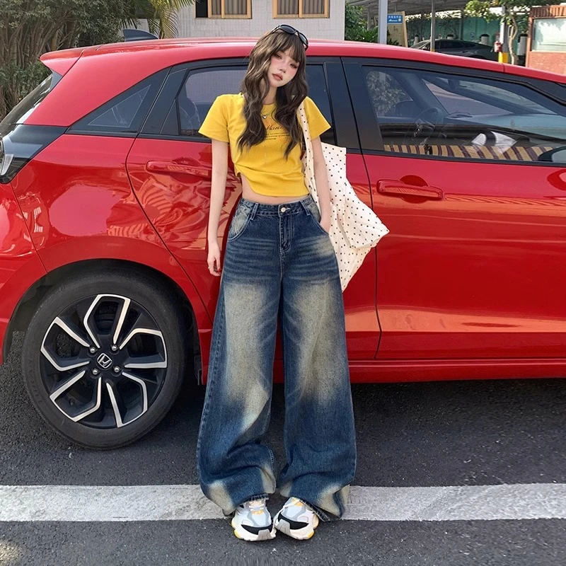 Busrr美式复古阔腿牛仔裤女25春季新款高腰宽松水洗做旧直筒长裤