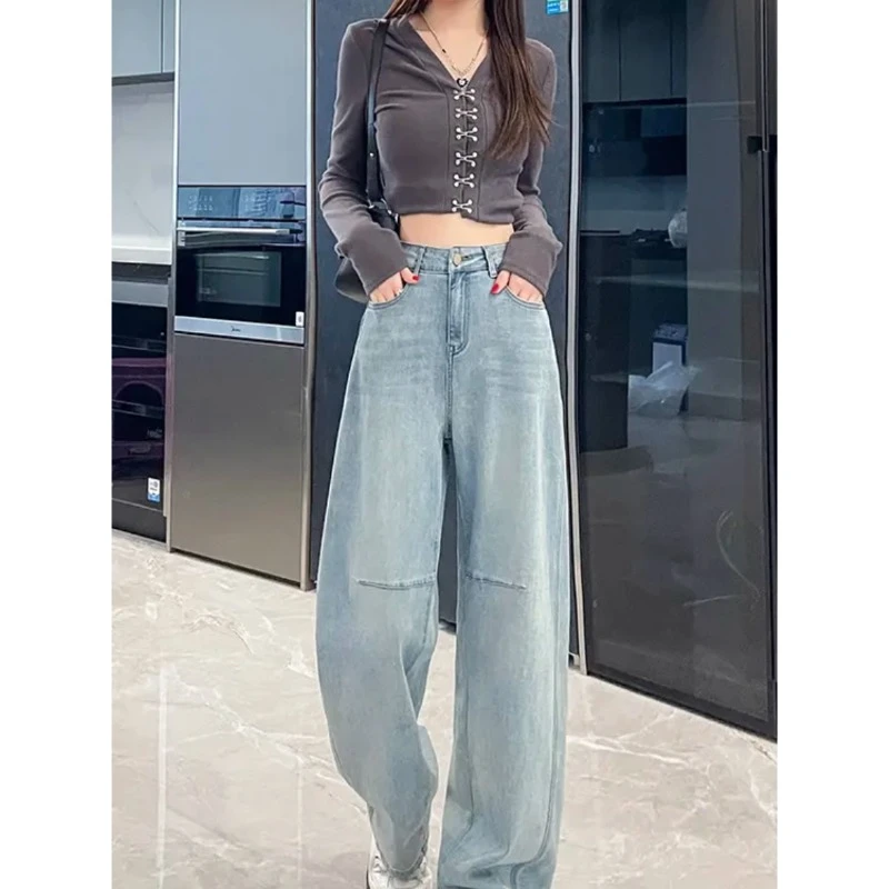 浅蓝色弯刀阔腿牛仔裤女春季宽松直筒美式香蕉拖地裤