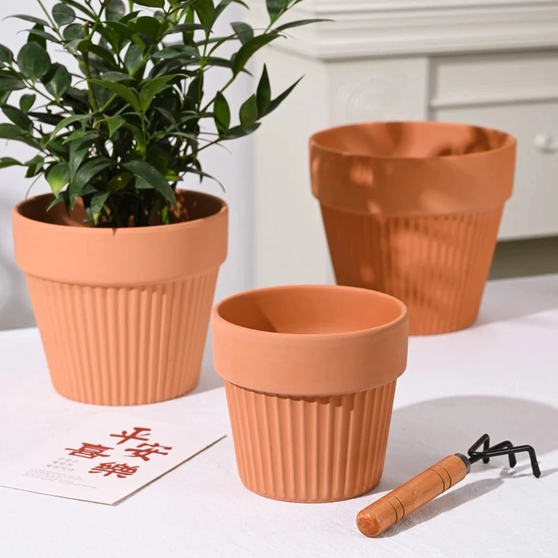 【鹿可-经典竖纹】经典原色透气红陶盆-口径23高度21