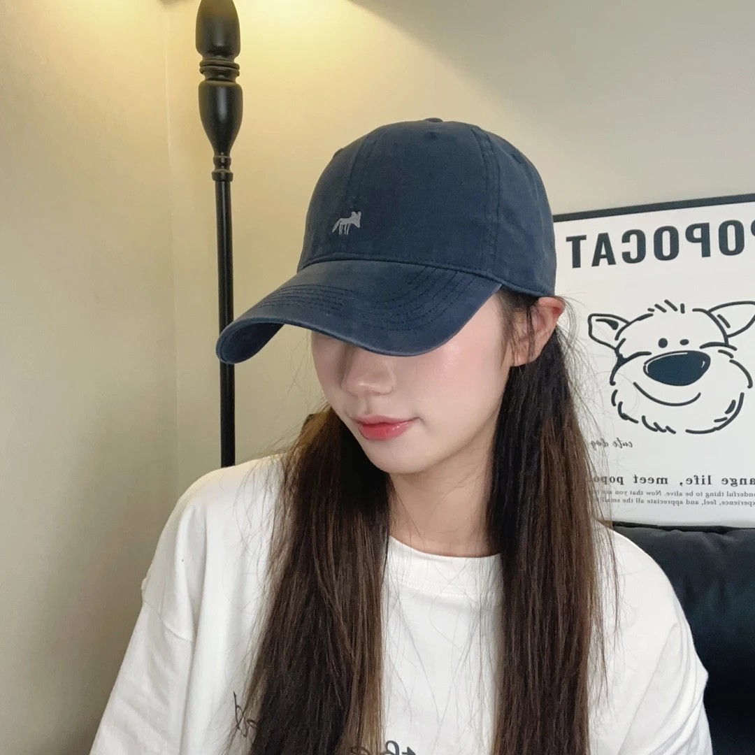小狐狸标刺绣棒球帽遮阳防晒帽韩版百搭时尚做旧帽子大头围显脸小