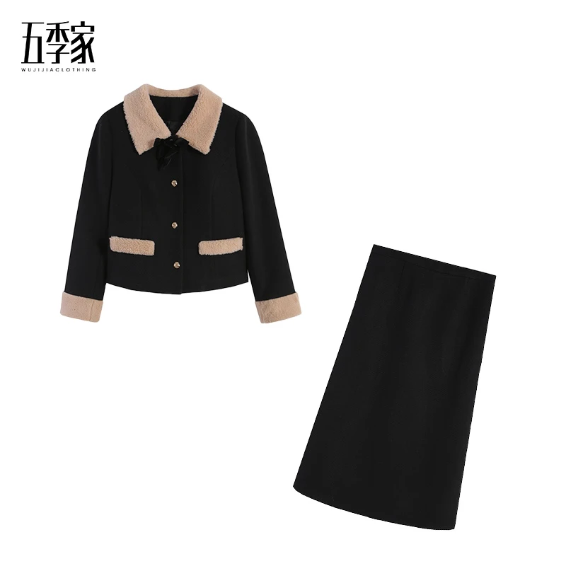 黑拼杏色上衣+黑色长半裙两件套ZL114483套装