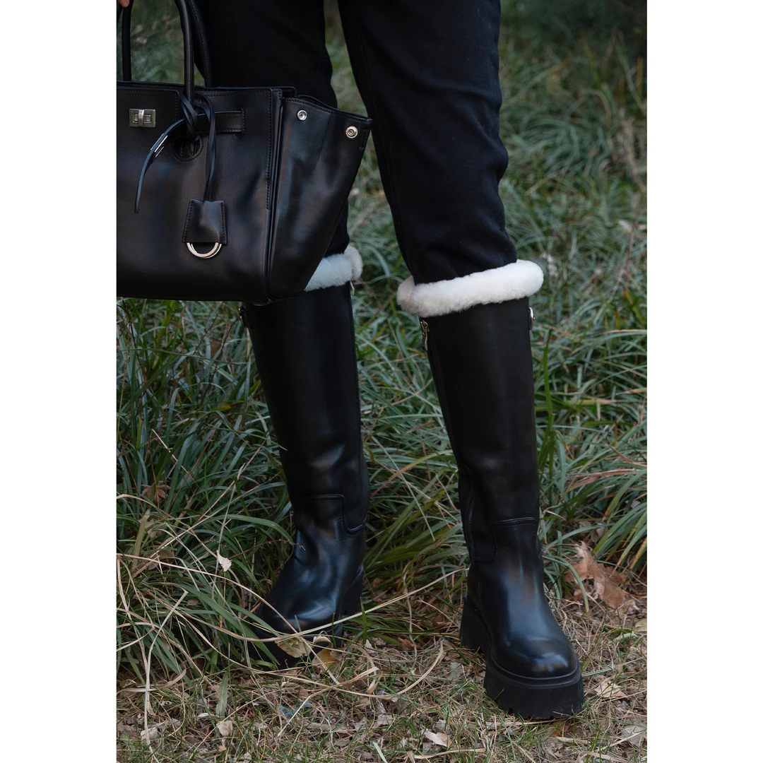 我是摩羯 高筒毛毛靴 牛皮羊毛发泡大底齿轮纹鞋底保暖靴子