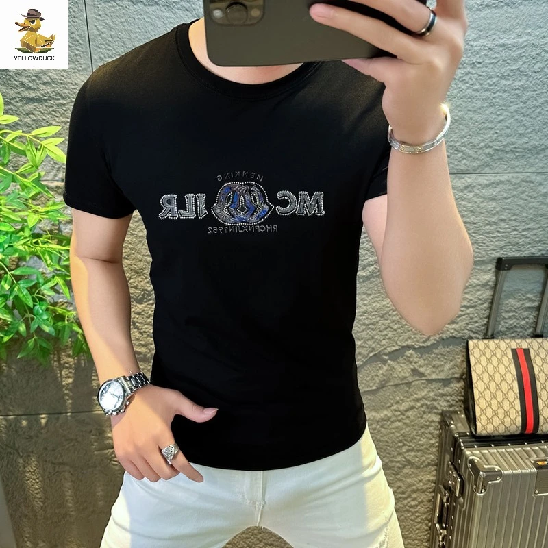 2025新款男士圆领短袖夏季男装小众烫钻圆领恤时尚潮流修身半袖