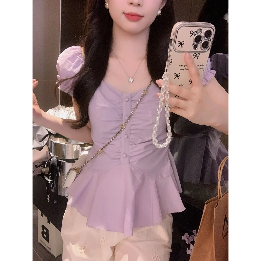 小奶盖 温柔显白芋泥紫收腰显瘦褶皱两穿式上衣