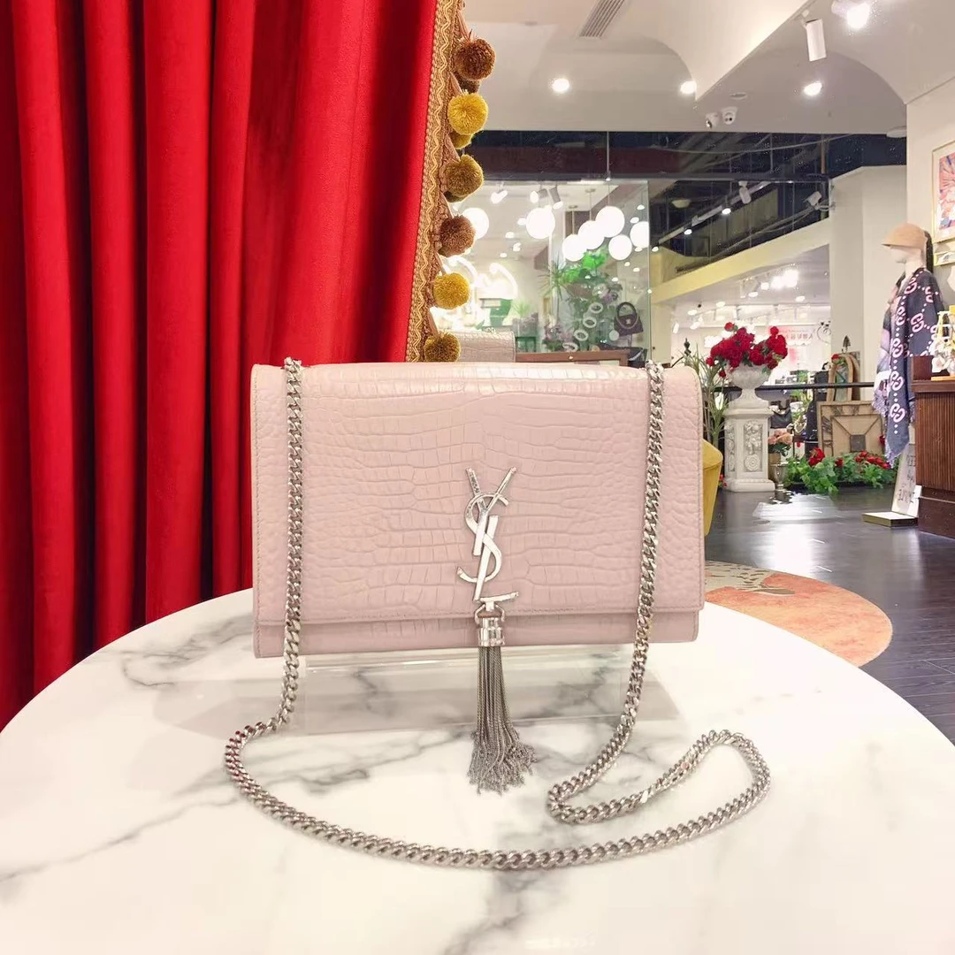 95新 YSL/圣罗兰 GGS丨流苏Kate中号粉色银扣压纹单肩包13774106