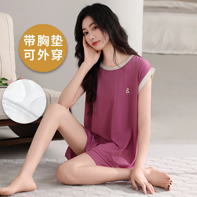 莫代尔睡衣女带胸垫夏季凉感背心短裤两件套可外穿简约休闲家居服