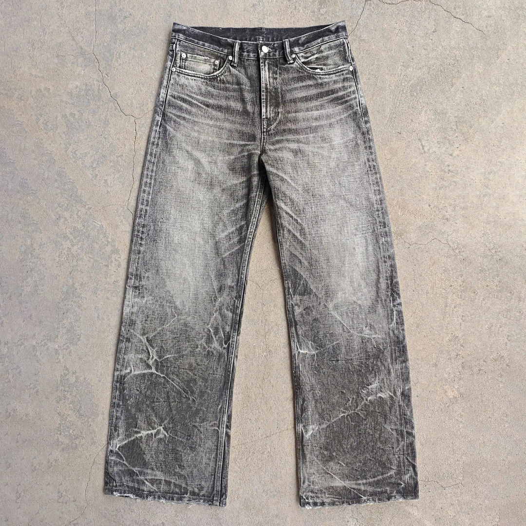 WIROTE威络水洗褪色烟灰闪电扎花手工猫须A字阔腿Fit赤耳牛仔长裤