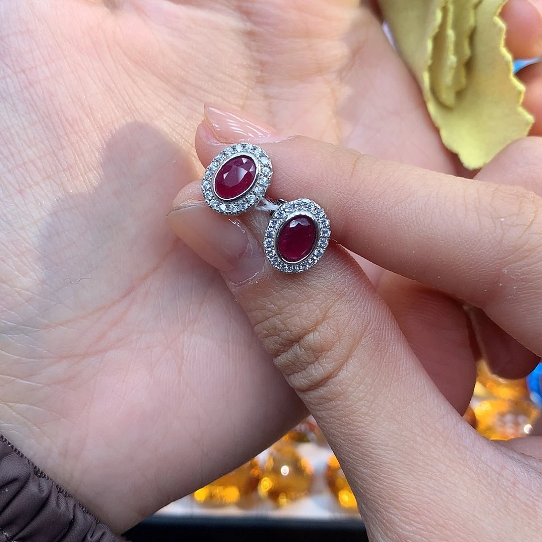 银S925镶嵌耳饰红宝石