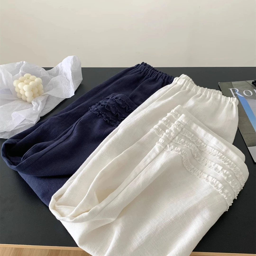 日系木耳花边直筒裤2025夏日新款梨形身材宽松显瘦高腰九分阔腿裤