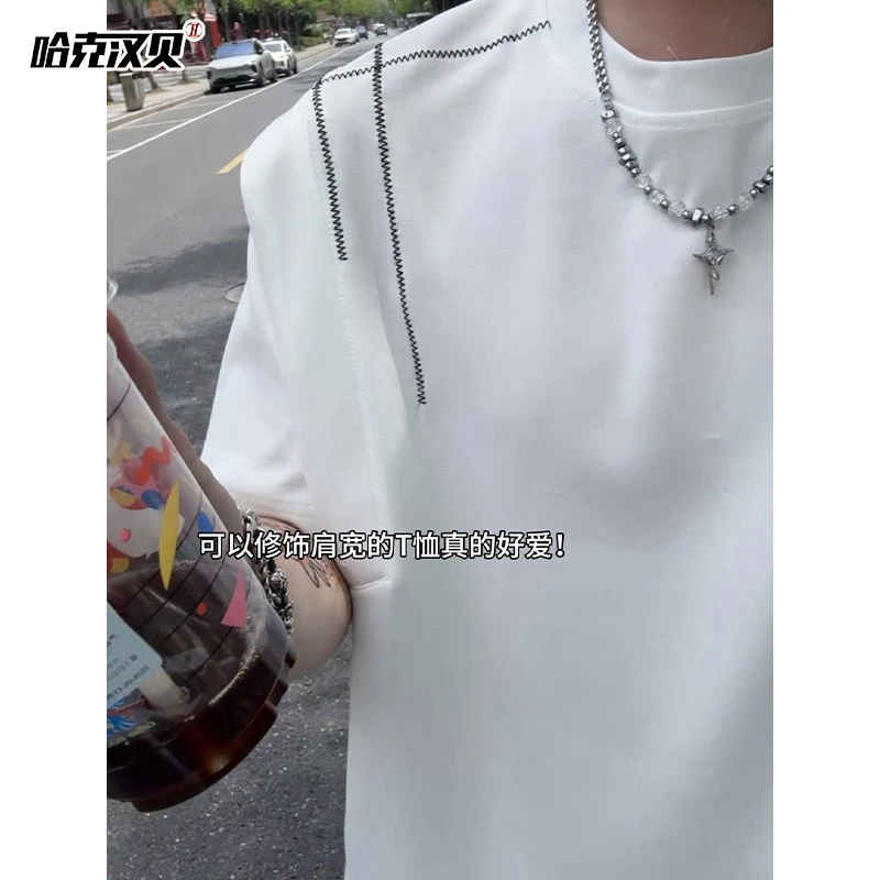 美式cleanfit重磅解构潮牌宽肩短袖t恤男夏季小众设计感半袖宽松