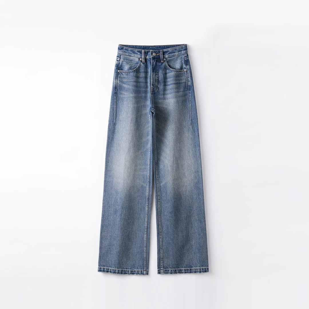 JINGXI[马家]纯棉单片式阔腿桨染水洗做旧女式女款牛仔裤洋气W336