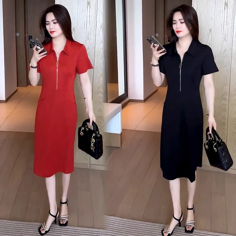 时尚连衣裙女2025夏季新款洋气减龄显瘦翻领拉链中长款百搭裙子潮