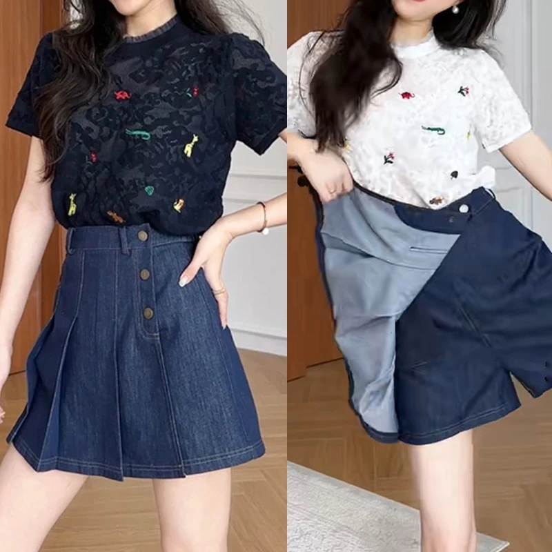 天丝牛仔裙裤不规则高腰休闲显瘦百褶裤裙短裤夏季女装