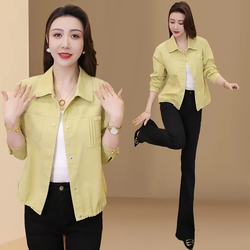 时髦中年妈妈装气质纯色休闲短外套春秋新款洋气百搭翻领开衫上衣