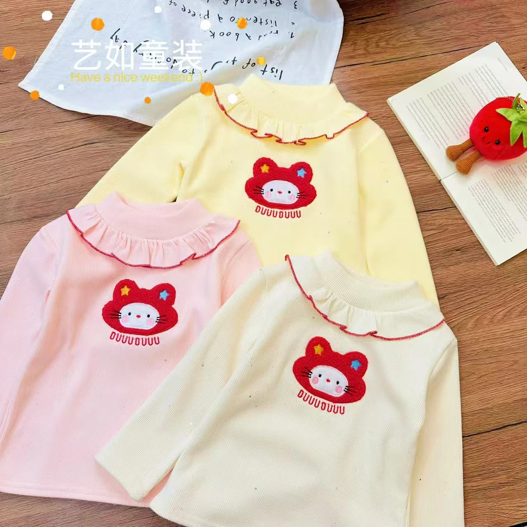 【彩虹方糖】2025冬季上新韩系女童凯蒂猫花边百搭加绒打底衫D-H543