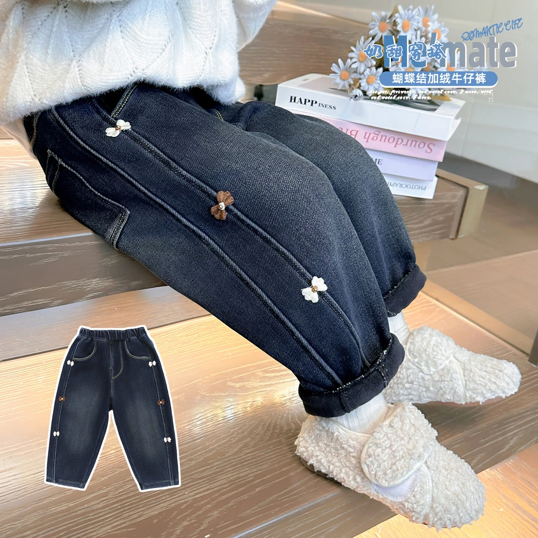 女童加绒牛仔裤加厚一体绒儿童弯刀老爹萝卜裤子小女孩宝宝秋冬装