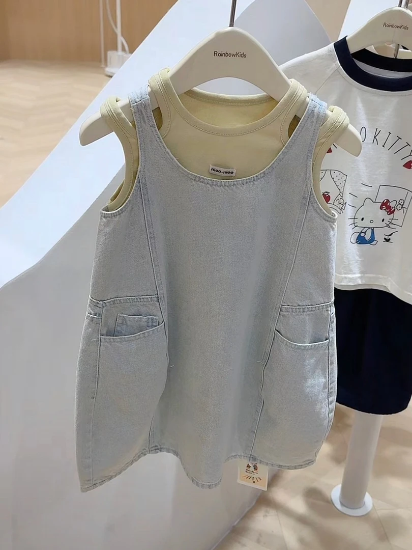 女童2025夏款韩版牛仔背心裙洋气口袋儿童时尚连衣裙背心两件套