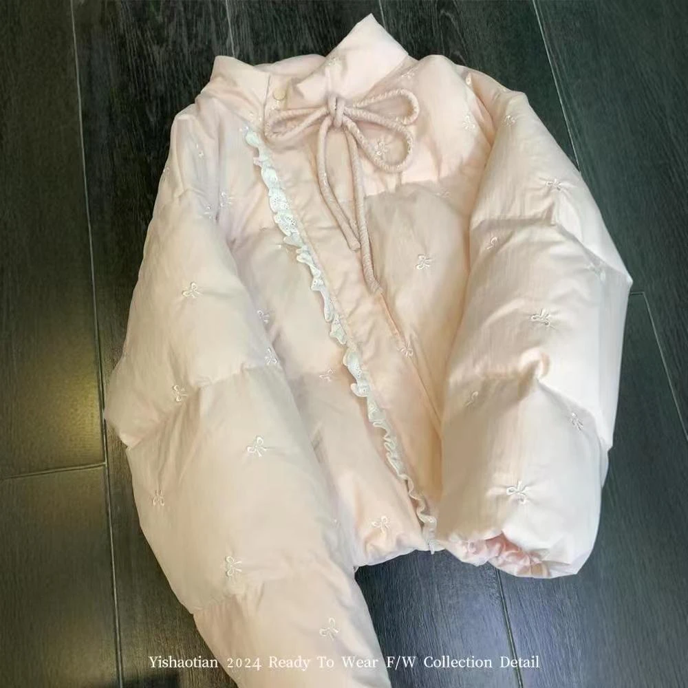 刺绣蝴蝶结蕾丝拼接小个子棉服外套女2024年新款冬季高级感棉衣女