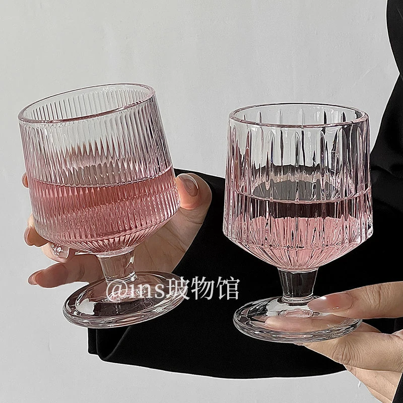 竖条纹矮脚杯子ins高颜值家用玻璃杯饮料果汁水杯洋酒杯冰淇淋杯