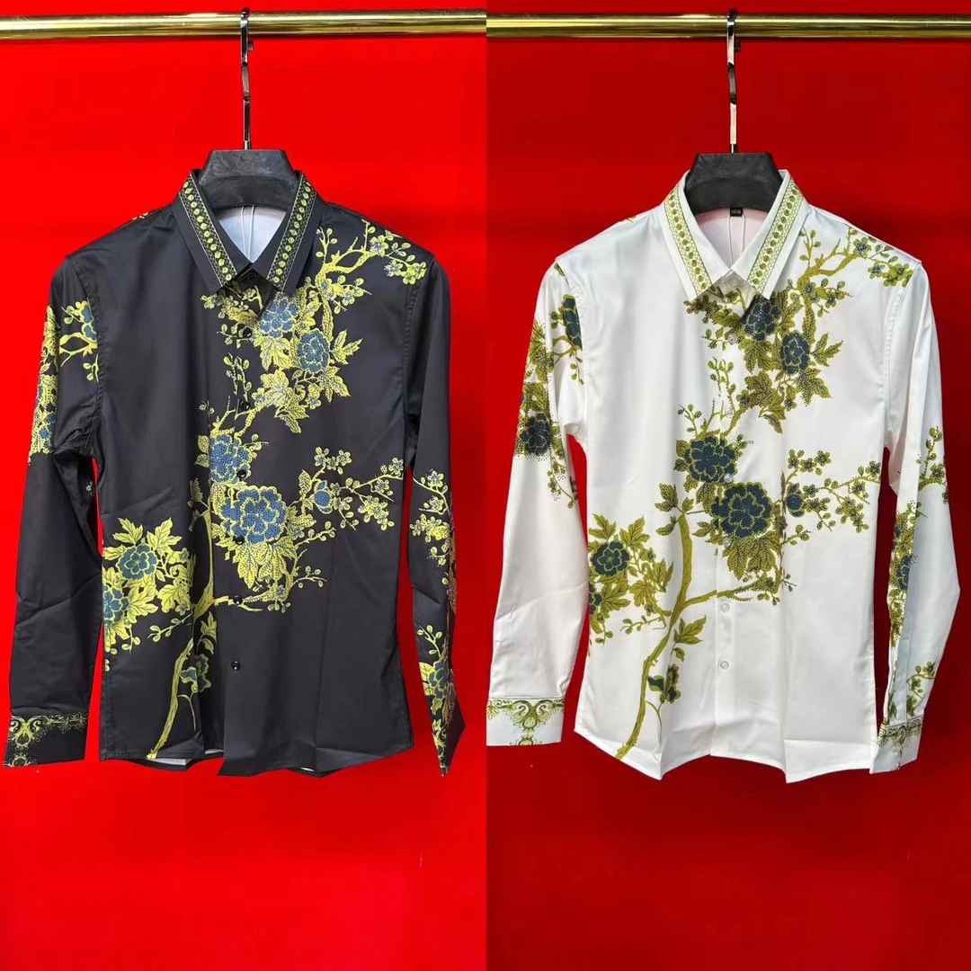 摩登25新款男秋冬高品质欧货金色花朵印花无缝时尚长袖衬衫72611