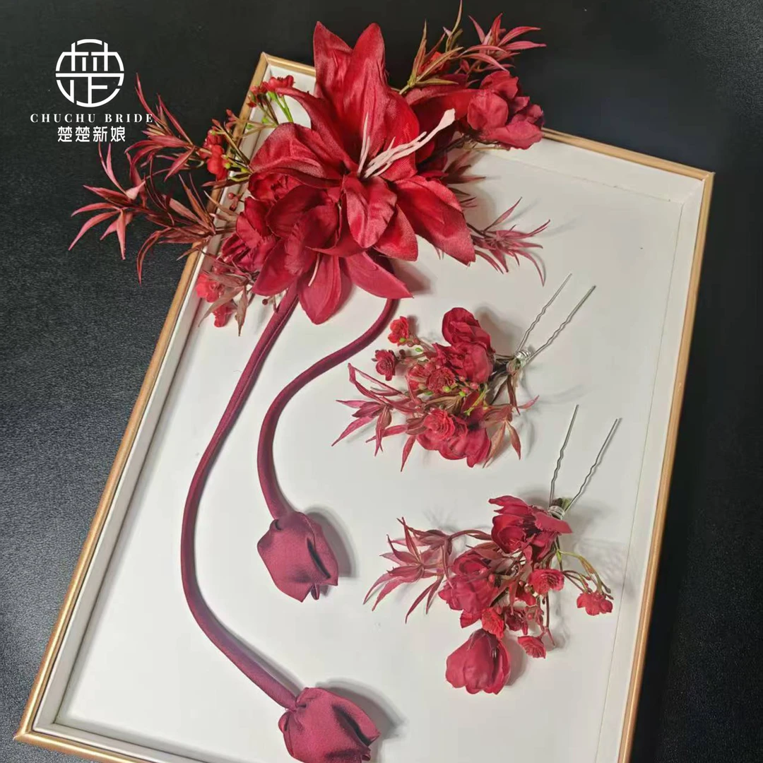 新款红色敬酒服头饰手工头花后区发饰结婚订婚仪式礼服晨袍旗袍配