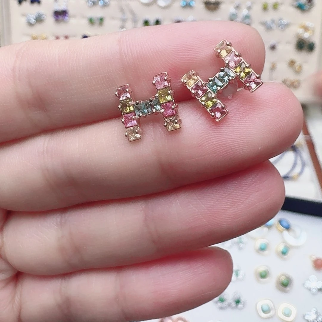 碧玺耳饰银S925镶嵌耳钉