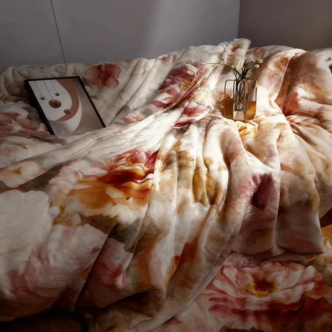 日式速热牛奶绒数码印花花香四溢复古风被子冬被大豆被