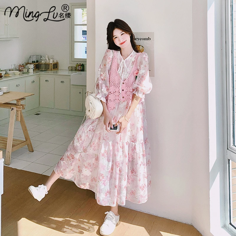 多巴胺穿搭粉色碎花连衣裙女夏日绝美法式度假风马甲长裙两件套装