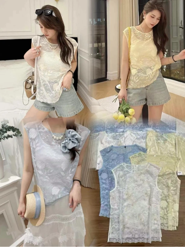 【BAI】夏季镂空刺绣无袖上衣微透背心小衫82637