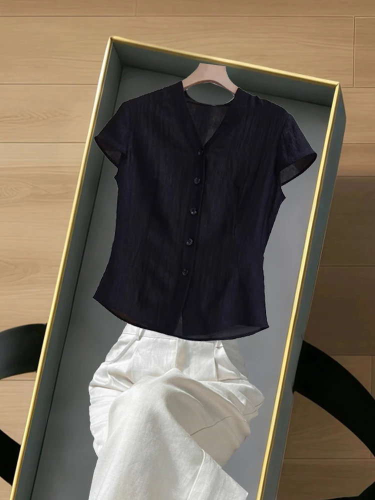 黑色苎麻短袖衬衫女2025年夏季新款时髦洋气体恤收腰显瘦上衣潮