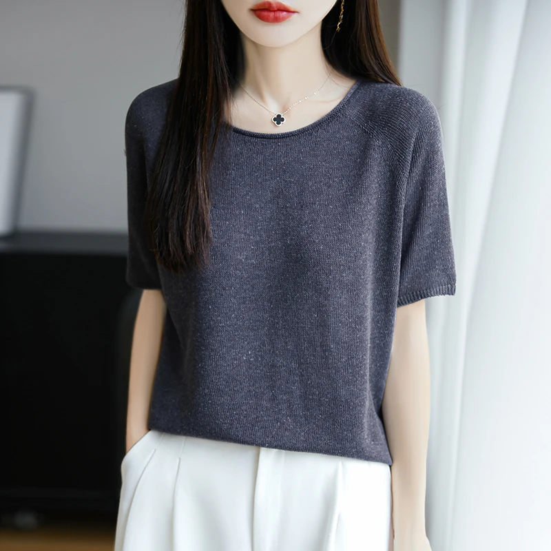 品牌夏季2025新款女装纯色针织圆领短袖T恤宽松透气百搭薄款上衣