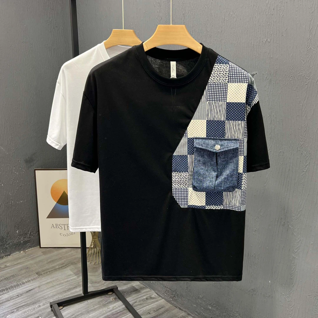 时尚设计感男士潮流拼接圆领短袖T恤休闲个性半截袖t夏季百搭上衣