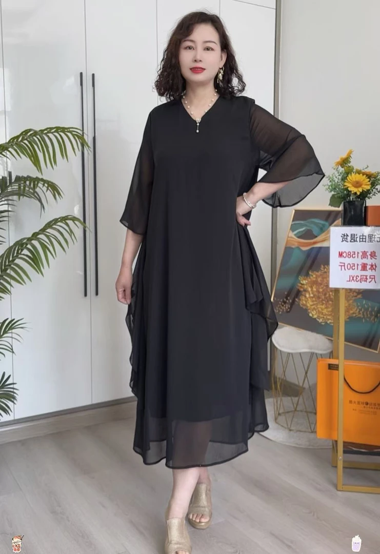 赫本风时尚气质高雅纯色连衣裙长款宽松遮肉大码仙女裙黑色夏季