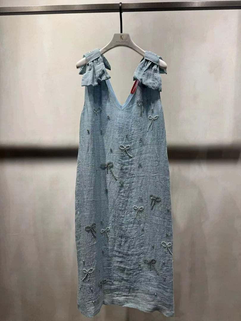 XXJ 尘埃 红标夏季新款宽松H型女士气质复古百搭蝴蝶肩连衣裙