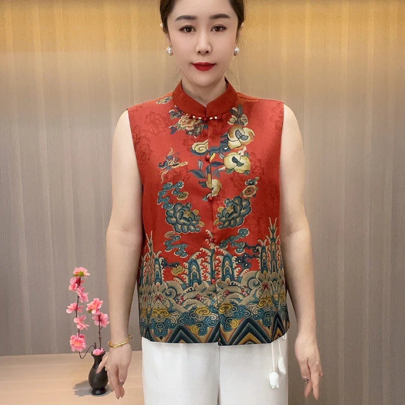 8529新款夏季立领民族风中老年马甲精品时尚碎花洋气50岁妈妈装