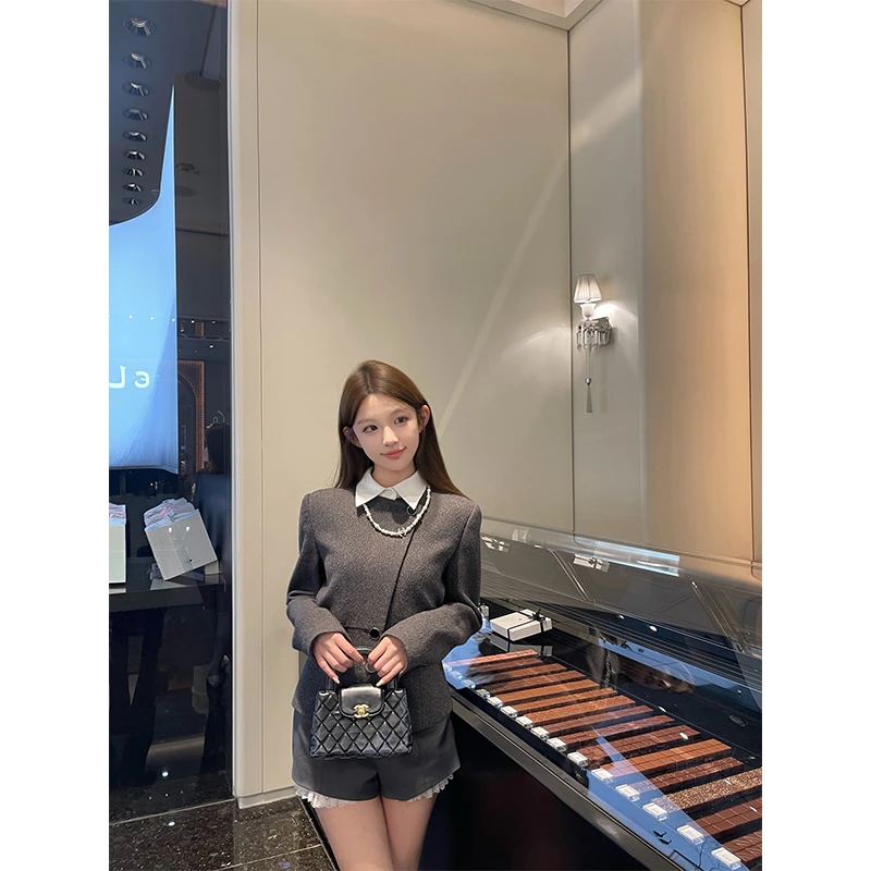 2025秋季新款小香千金风假两件短款毛呢外套女配显瘦休闲短裤