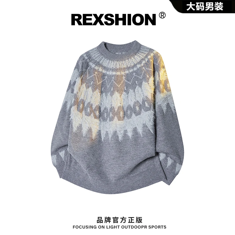 REXSHION秋季新款刺绣提花圆领针织卫衣男美式潮流休闲宽松百搭男