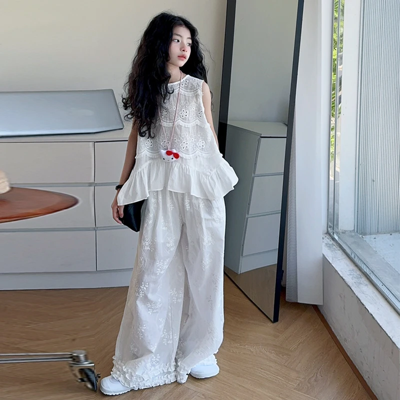 女童新款镂空网纱套装中大童2025薄款无袖上衣小女孩6-9-15阔腿裤