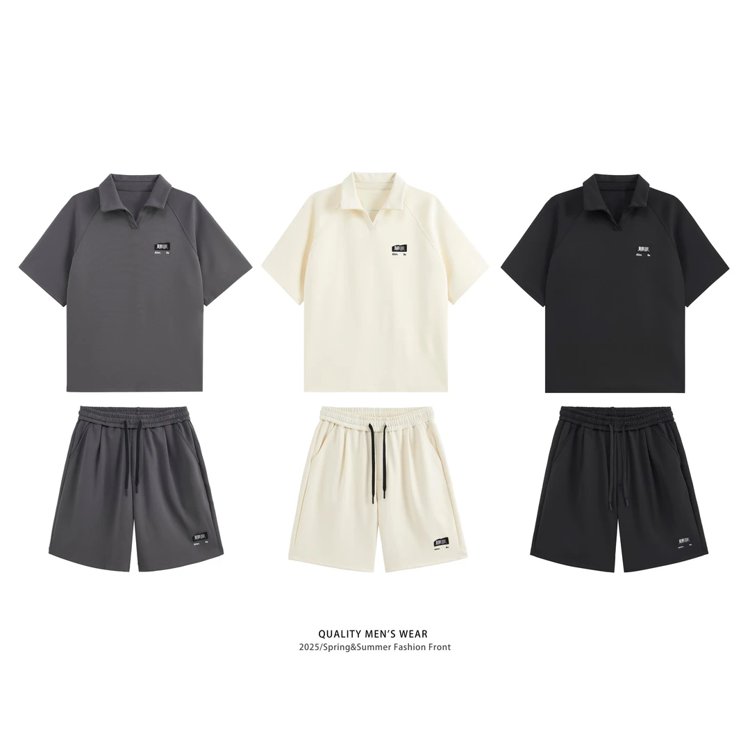 夏季新品重磅加厚休闲短袖翻领套装时尚百搭潮流宽松polo衫套装