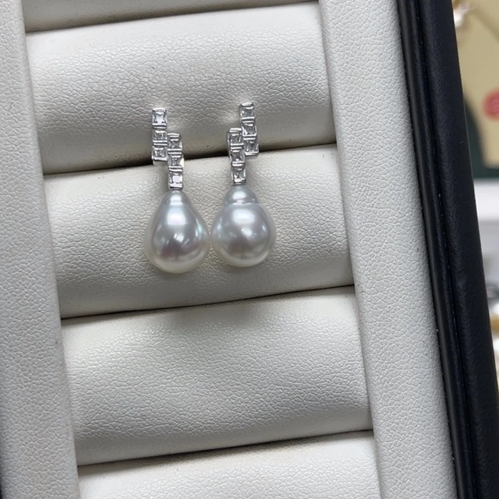 海水珍珠耳饰银S925镶嵌澳白9-10mm63号