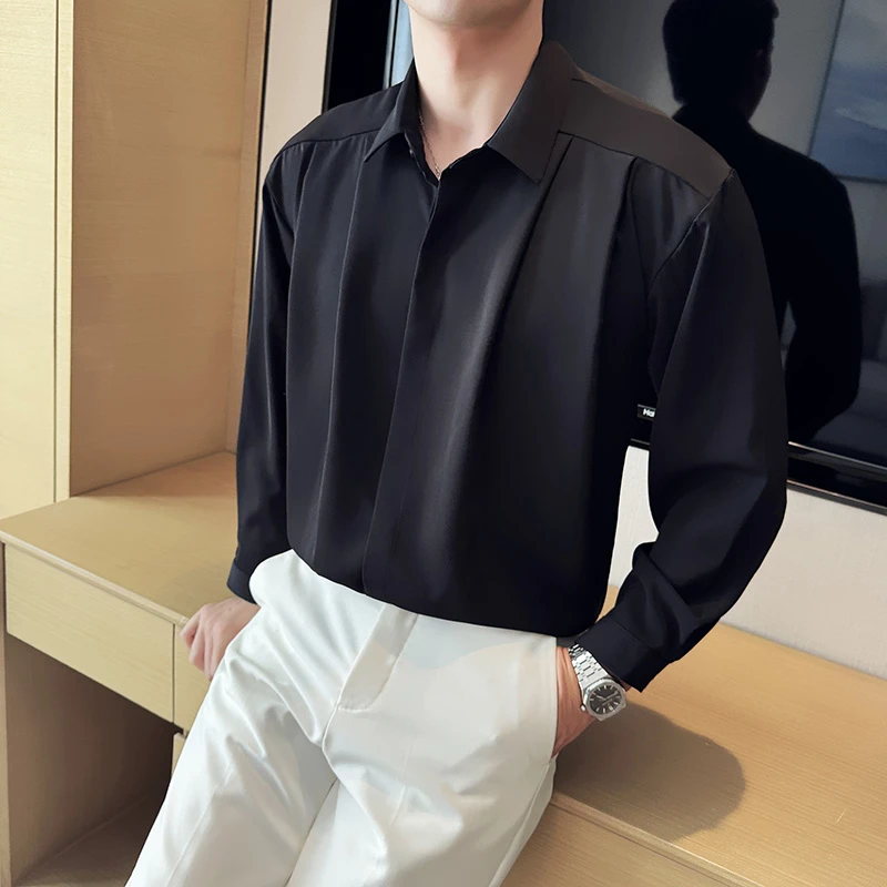 CATIA SELI高级感宽松褶皱设计感衬衫男士春秋季坠感纯色长袖衬衣