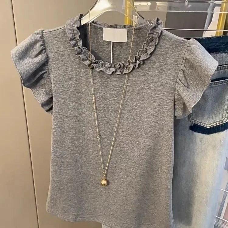 轻奢高端货~褶皱木耳边飞飞袖独特漂亮t恤女夏多巴胺上衣